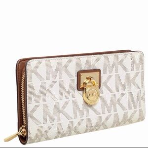 Michael Kors MK Signature Hamilton Large Logo Zip Around Wallet Ivory And Brown